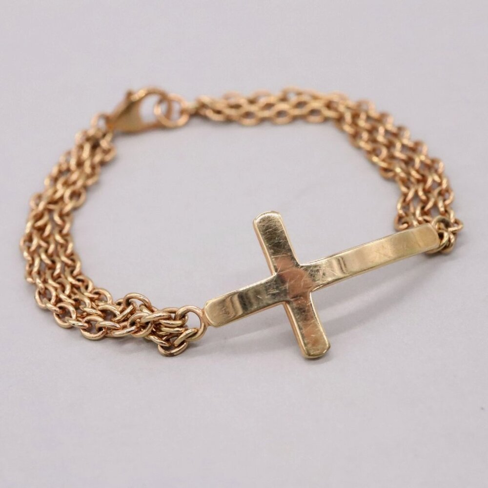 Milor Italy Gold Plated Bronze Triple Chain Bracelet w/ Cross 7.5"